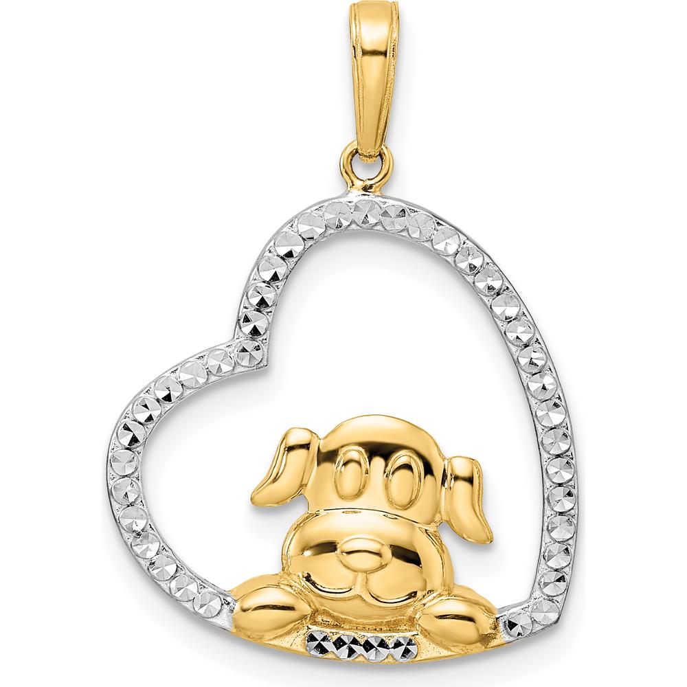 14K Yellow Gold Diamond-cut Puppy in Heart Pendant with Rhodium Accents by Oro Pregiato