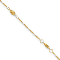14K Yellow Gold Diamond-Cut Rice Puff Bead Station Anklet - Adjustable 9" with 1" Extender