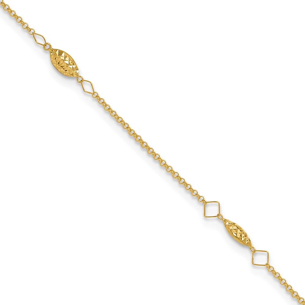 14K Yellow Gold Diamond-Cut Rice Puff Bead Station Anklet - Adjustable 9" with 1" Extender