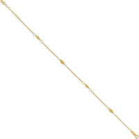 14K Yellow Gold Diamond-Cut Rice Puff Bead Station Anklet - Adjustable 9" with 1" Extender