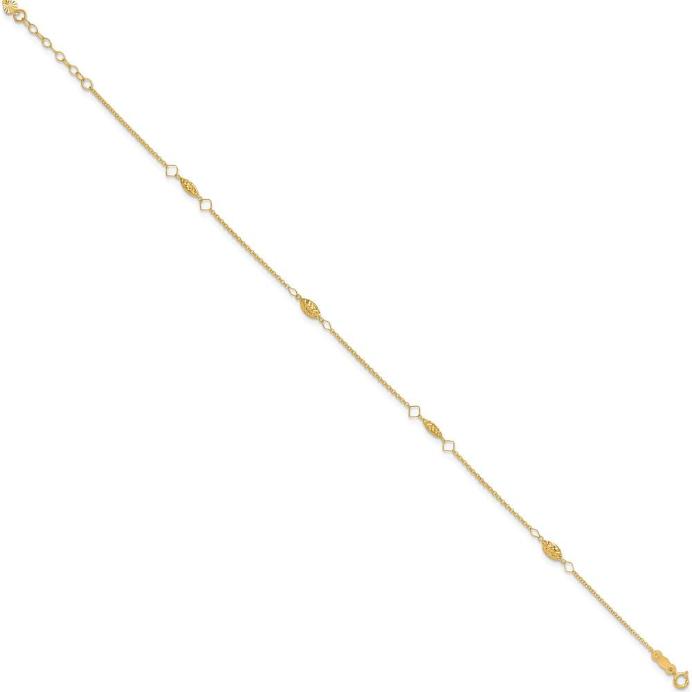 14K Yellow Gold Diamond-Cut Rice Puff Bead Station Anklet - Adjustable 9" with 1" Extender