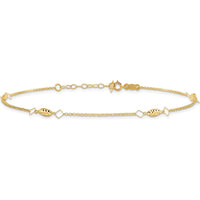 14K Yellow Gold Diamond-Cut Rice Puff Bead Station Anklet - Adjustable 9" with 1" Extender