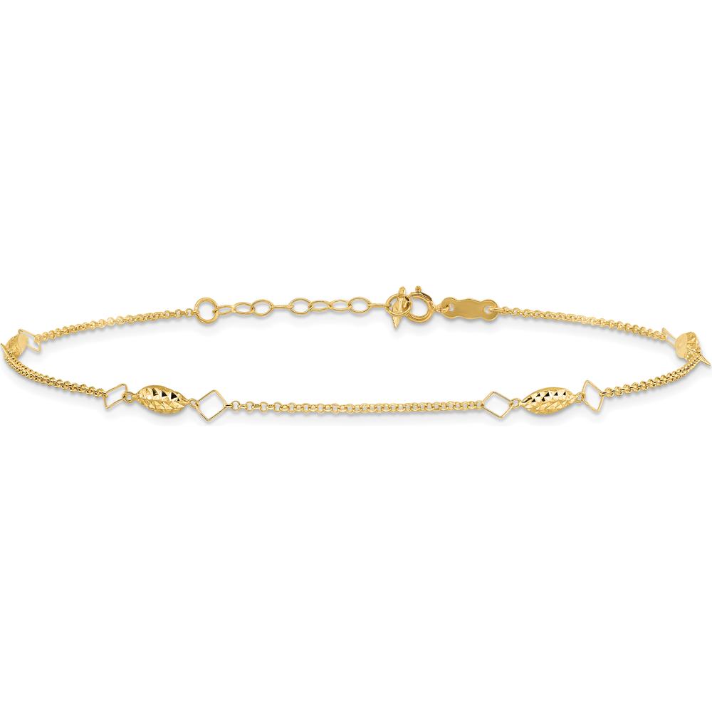 14K Yellow Gold Diamond-Cut Rice Puff Bead Station Anklet - Adjustable 9" with 1" Extender