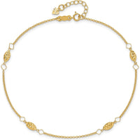 14K Yellow Gold Diamond-Cut Rice Puff Bead Station Anklet - Adjustable 9" with 1" Extender