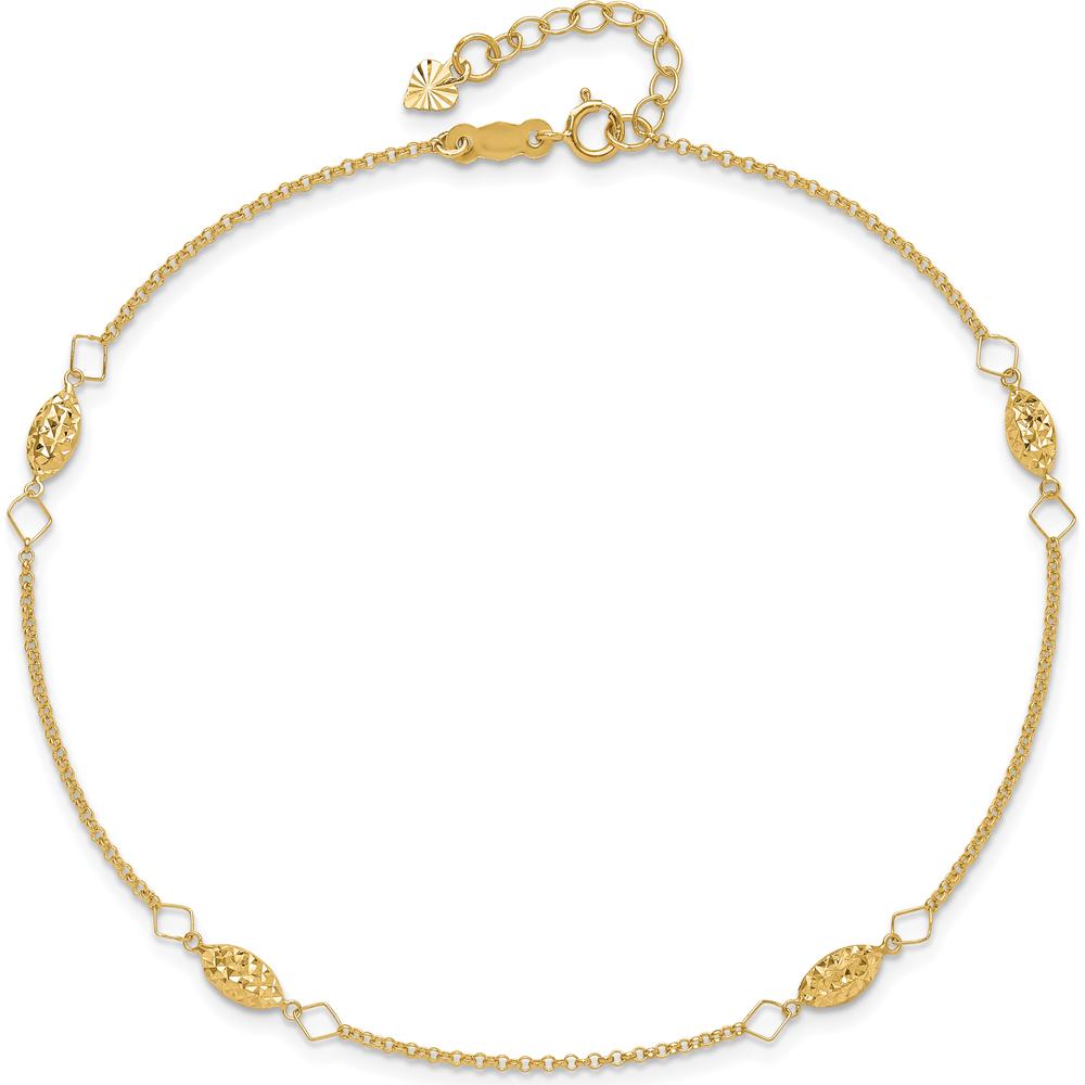 14K Yellow Gold Diamond-Cut Rice Puff Bead Station Anklet - Adjustable 9" with 1" Extender