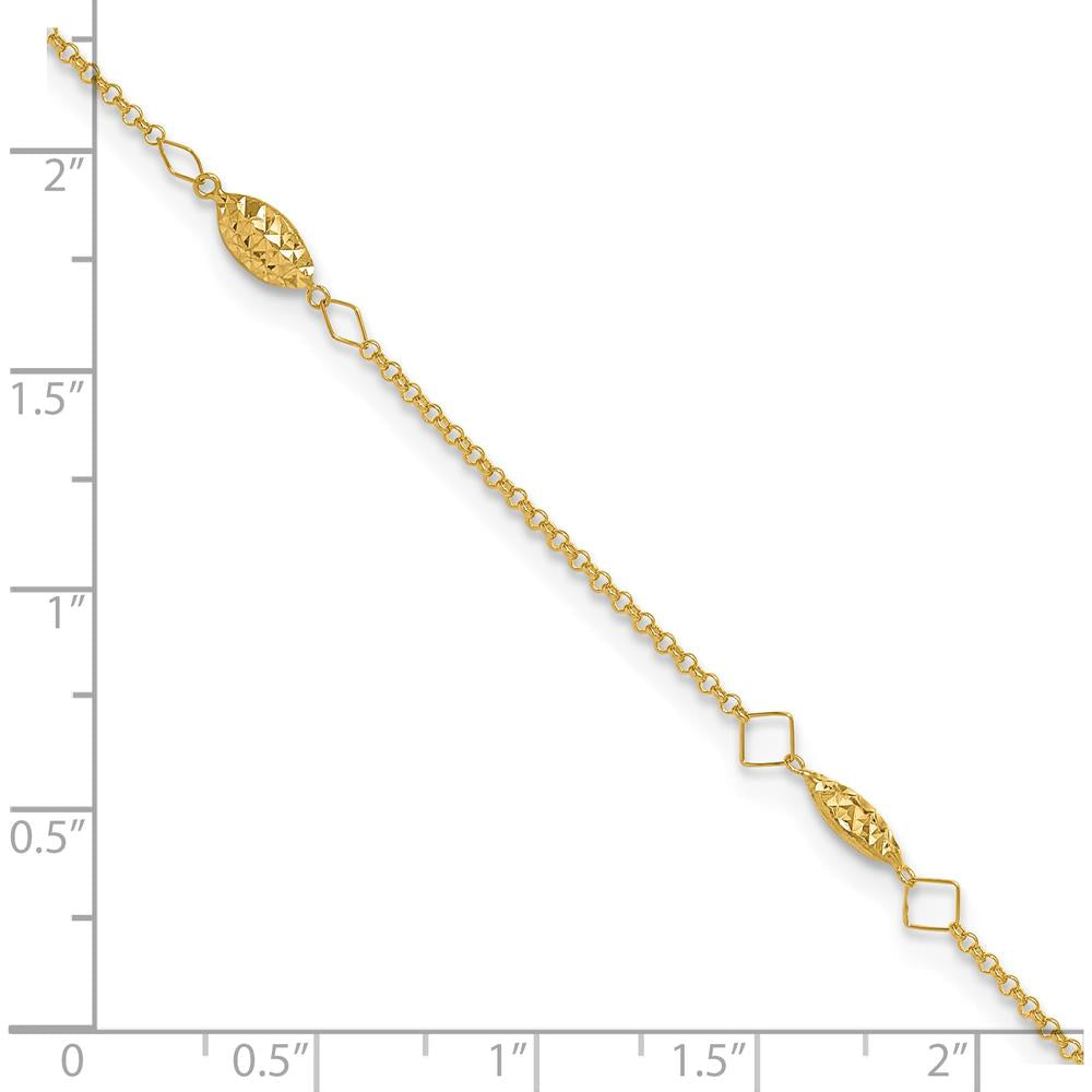 14K Yellow Gold Diamond-Cut Rice Puff Bead Station Anklet - Adjustable 9" with 1" Extender