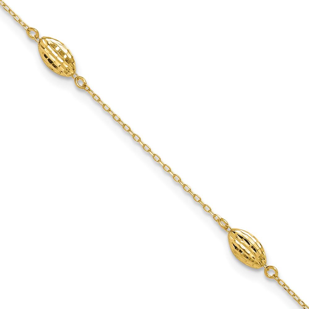 14K Yellow Gold Diamond-Cut Rice Puff Beads 9" Anklet with 1" Extender