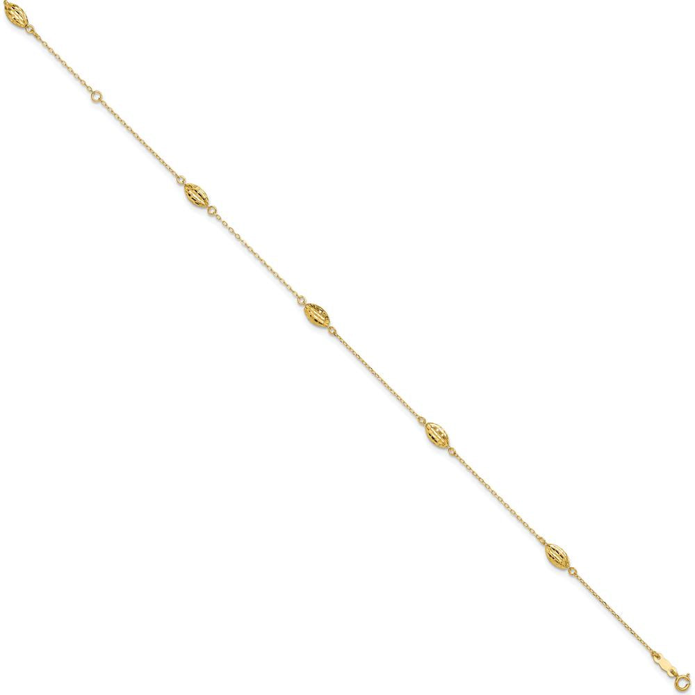 14K Yellow Gold Diamond-Cut Rice Puff Beads 9" Anklet with 1" Extender