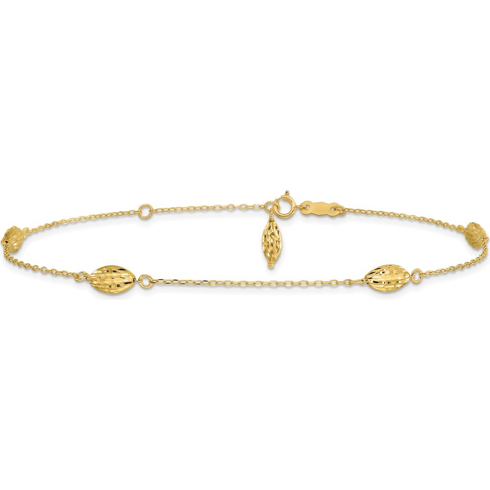 14K Yellow Gold Diamond-Cut Rice Puff Beads 9" Anklet with 1" Extender