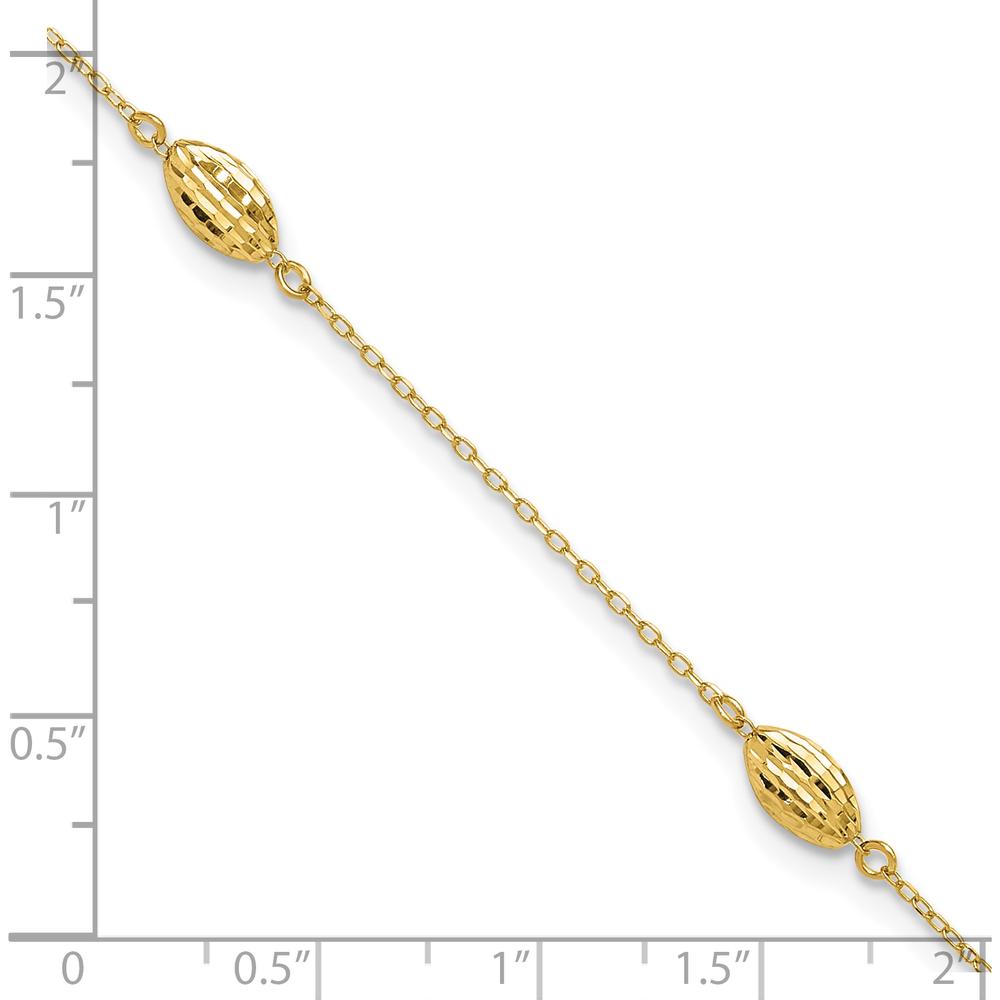 14K Yellow Gold Diamond-Cut Rice Puff Beads 9" Anklet with 1" Extender
