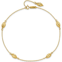 14K Yellow Gold Diamond-Cut Rice Puff Beads 9" Anklet with 1" Extender