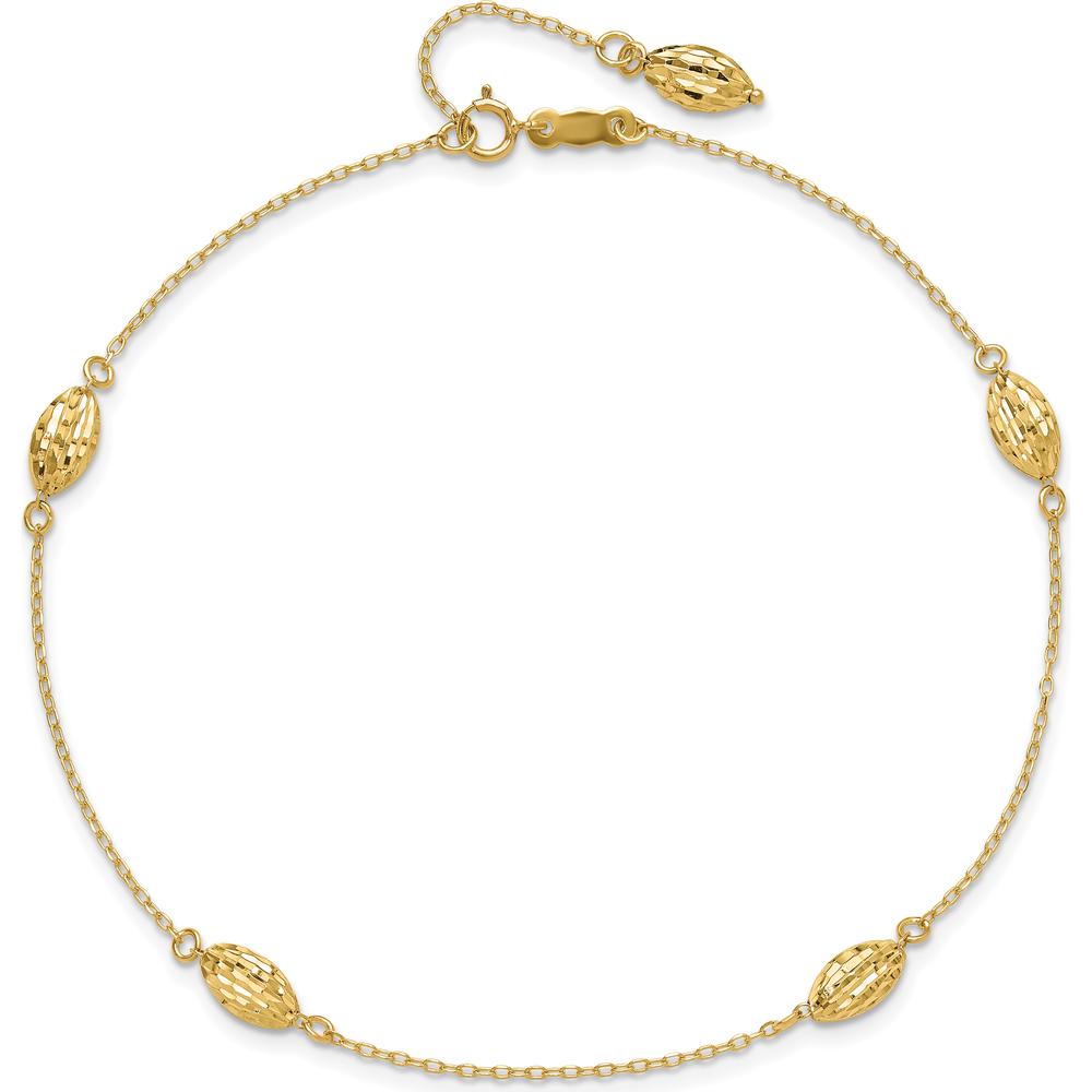 14K Yellow Gold Diamond-Cut Rice Puff Beads 9" Anklet with 1" Extender