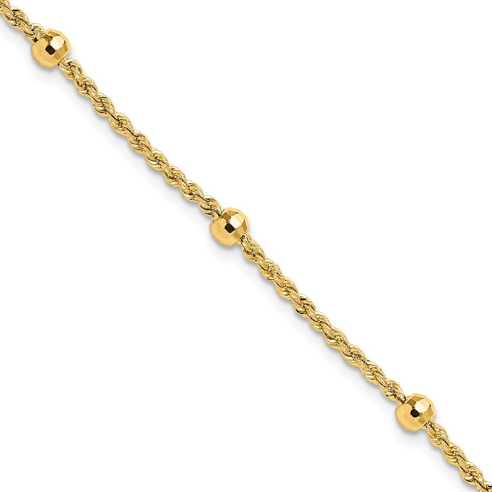 14K Yellow Gold Diamond-Cut Rope Chain Bracelet with Mirror Beads - 7.5" by 0