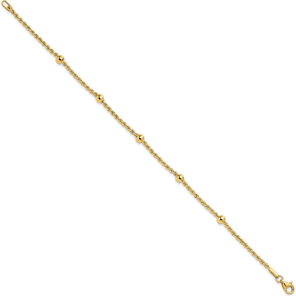 14K Yellow Gold Diamond-Cut Rope Chain Bracelet with Mirror Beads - 7.5" by 0