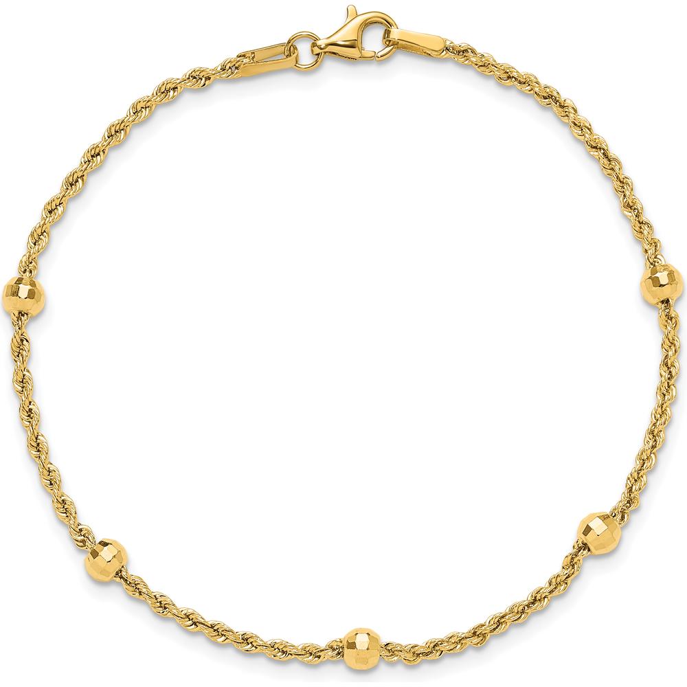 14K Yellow Gold Diamond-Cut Rope Chain Bracelet with Mirror Beads - 7.5" by 0