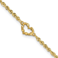 14K Yellow Gold Diamond-cut Rope Chain Open Heart 10" Anklet