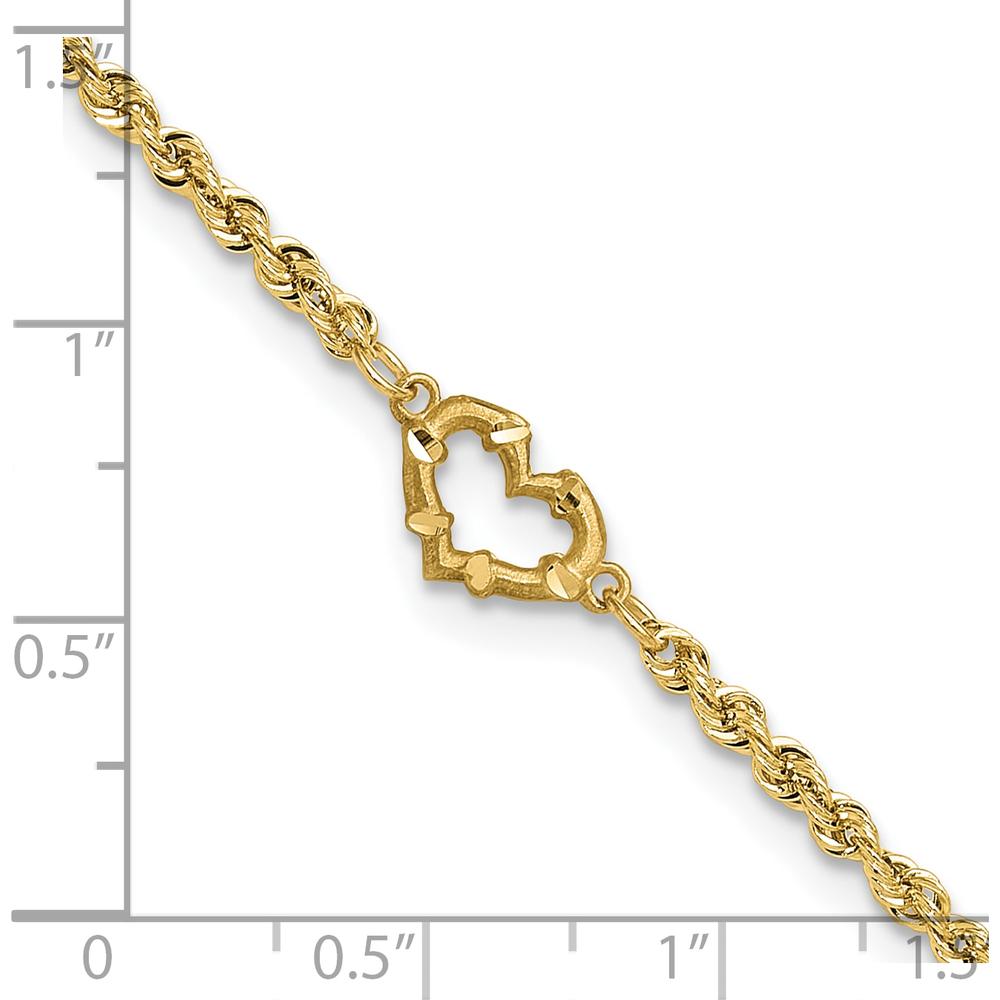 14K Yellow Gold Diamond-cut Rope Chain Open Heart 10" Anklet