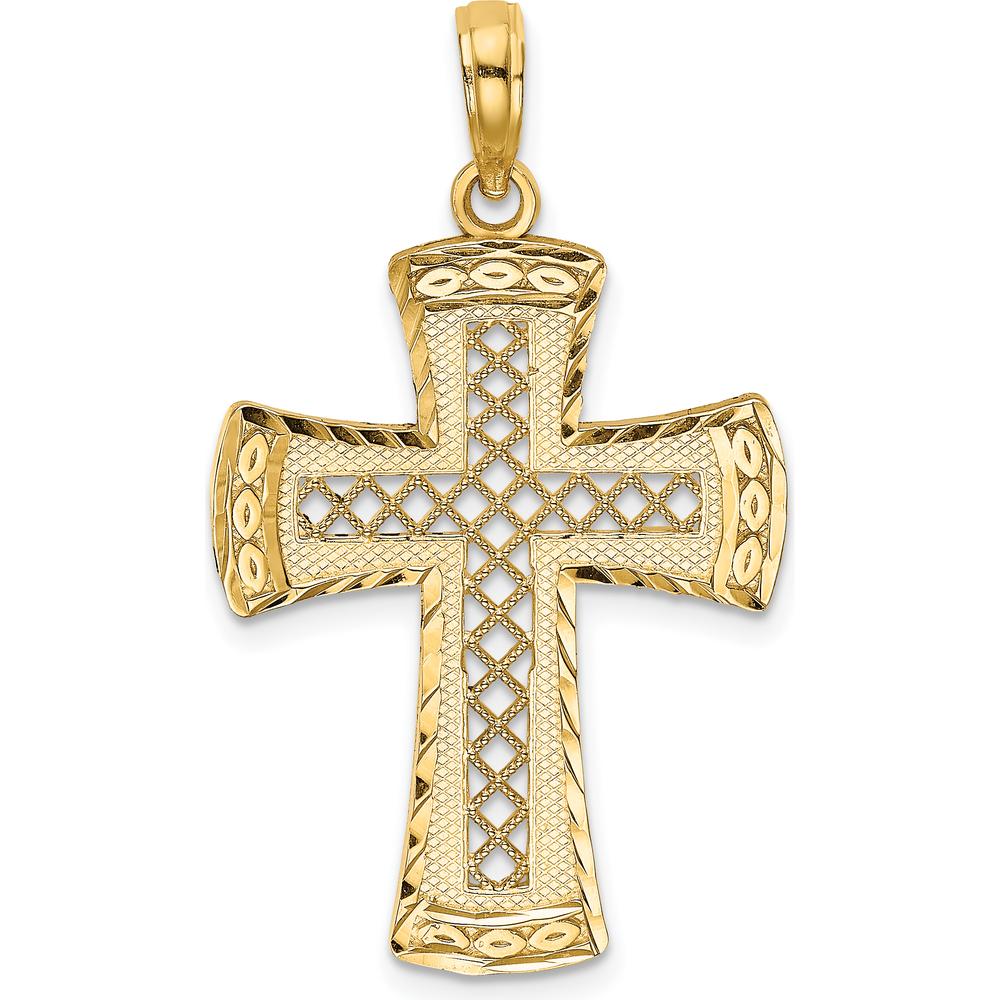 14K Yellow Gold Diamond-Cut Satin Edge Lattice Cross Charm - 24.6mm Length by Oro Pregiato