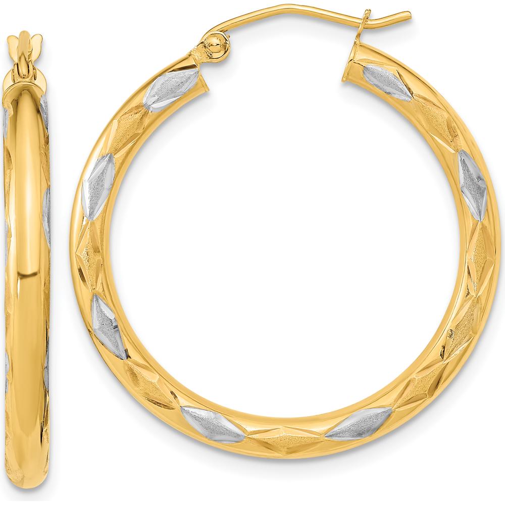 14K Yellow Gold Diamond-Cut Satin Finish Hoop Earrings - 31.86mm Length by 0