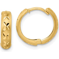 14K Yellow Gold Diamond-Cut Satin Hinged Hoop Earrings - 12.6mm Length, 13.77mm Width by 0