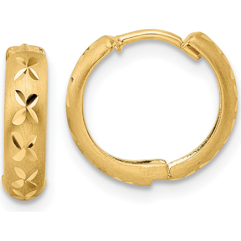 14K Yellow Gold Diamond-Cut Satin Hinged Hoop Earrings - 12.6mm Length, 13.77mm Width by 0
