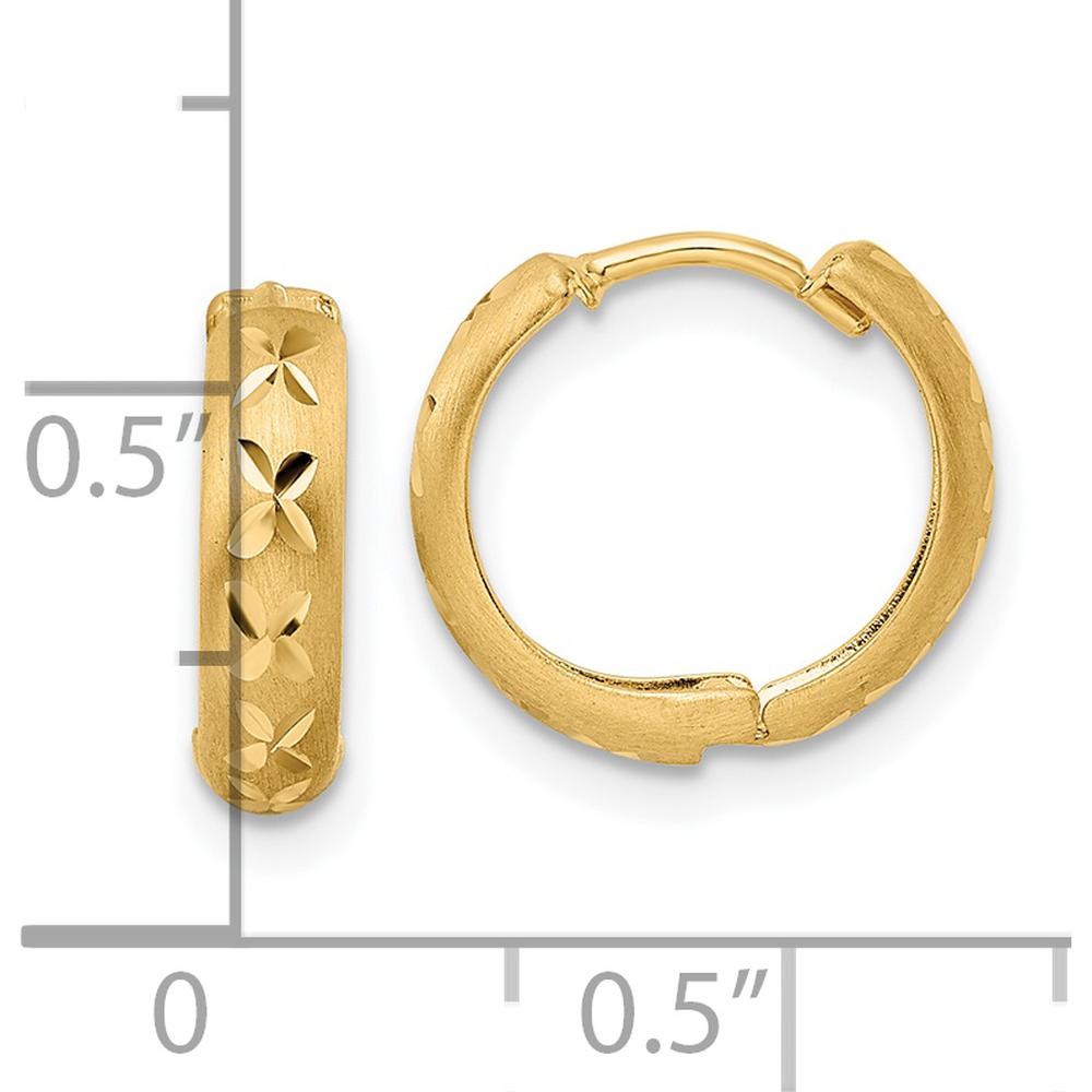 14K Yellow Gold Diamond-Cut Satin Hinged Hoop Earrings - 12.6mm Length, 13.77mm Width by 0