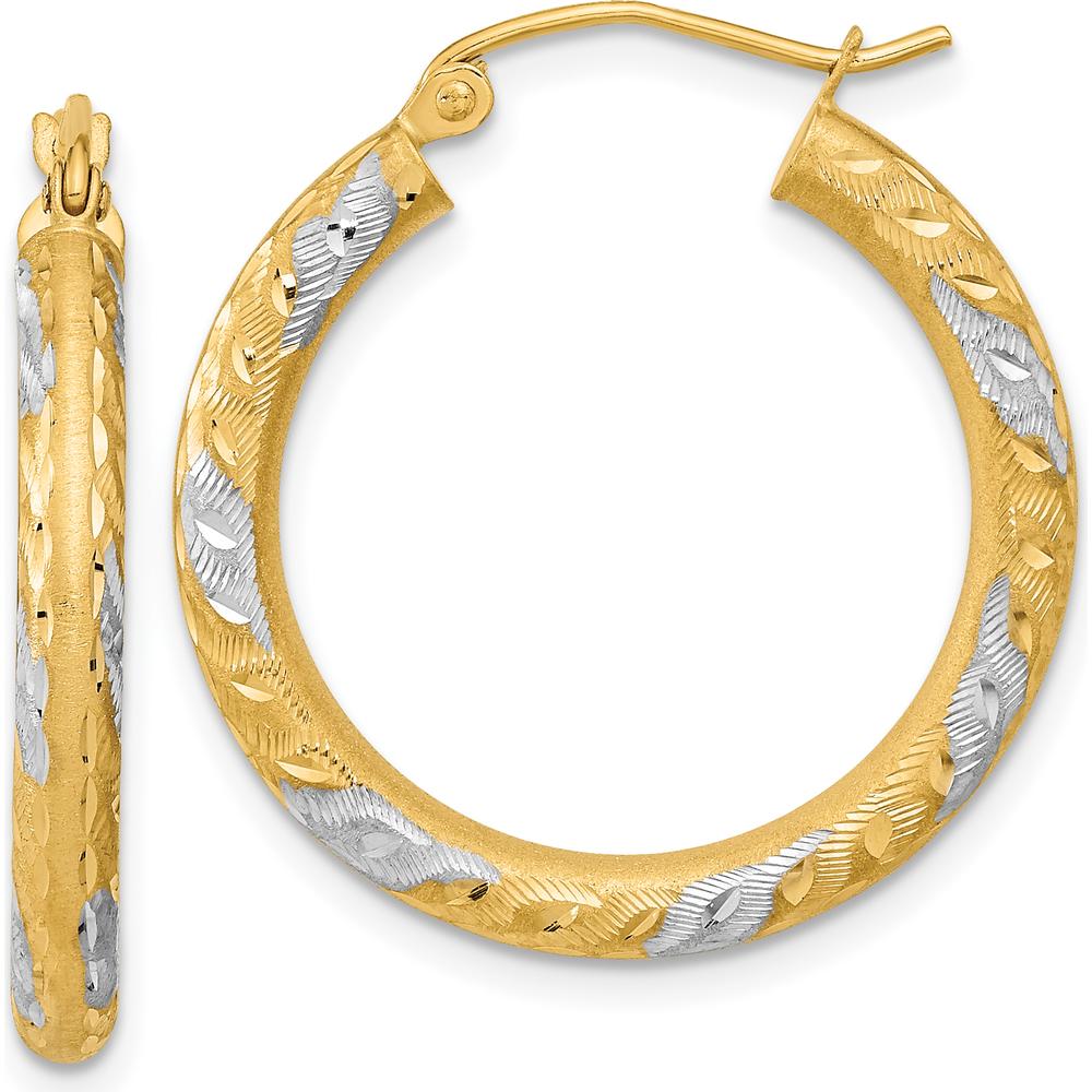 14K Yellow Gold Diamond-cut Satin Hoop Earrings with Rhodium Accents - 26.7mm Length by 0