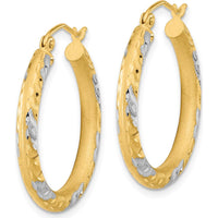 14K Yellow Gold Diamond-cut Satin Hoop Earrings with Rhodium Accents - 26.7mm Length by 0