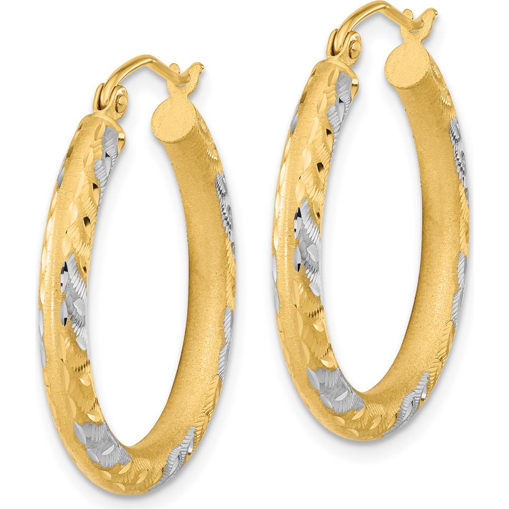 14K Yellow Gold Diamond-cut Satin Hoop Earrings with Rhodium Accents - 26.7mm Length by 0