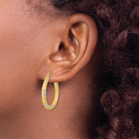 14K Yellow Gold Diamond-cut Satin Hoop Earrings with Rhodium Accents - 26.7mm Length by 0