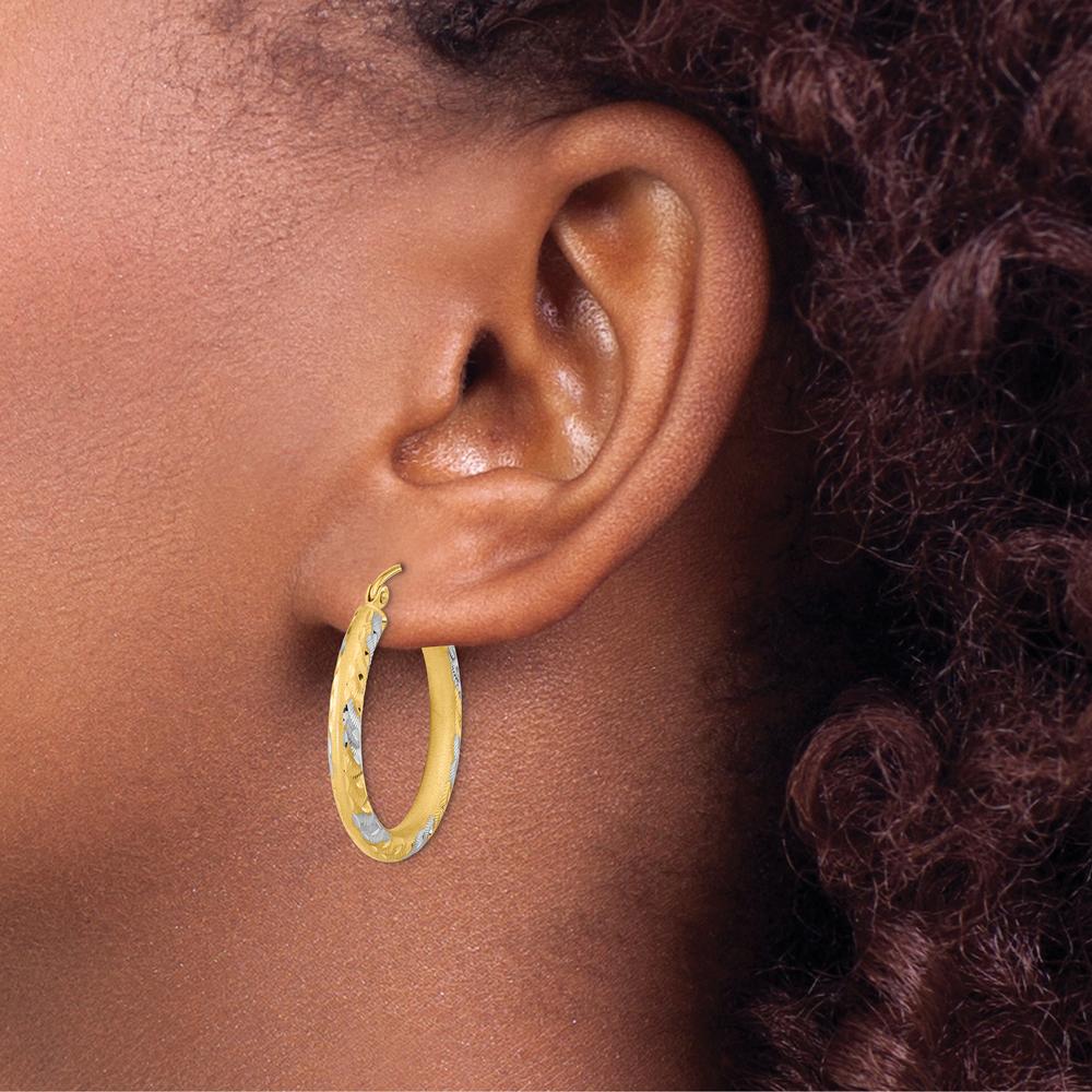 14K Yellow Gold Diamond-cut Satin Hoop Earrings with Rhodium Accents - 26.7mm Length by 0
