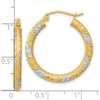 14K Yellow Gold Diamond-cut Satin Hoop Earrings with Rhodium Accents - 26.7mm Length by 0