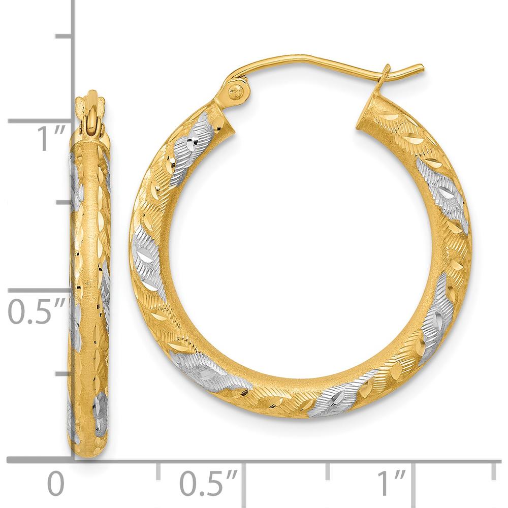14K Yellow Gold Diamond-cut Satin Hoop Earrings with Rhodium Accents - 26.7mm Length by 0