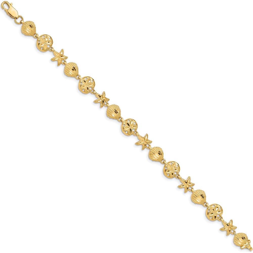 14K Yellow Gold Diamond-Cut Sea Life Station Bracelet with Seashell, Starfish, and Sand Dollar Charms by Oro Pregiato