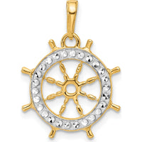 14K Yellow Gold Diamond-cut Ship's Wheel Pendant with Rhodium Accents by Oro Pregiato