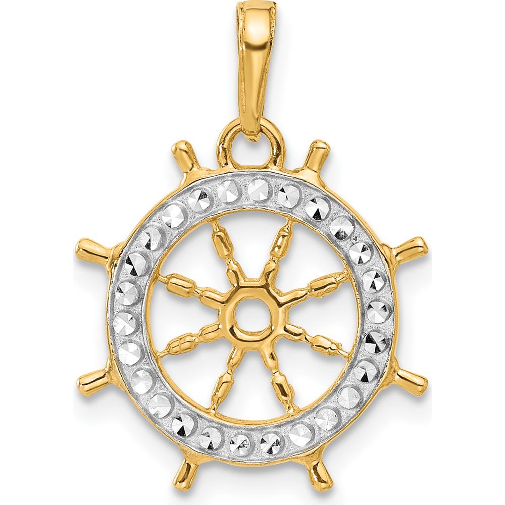 14K Yellow Gold Diamond-cut Ship's Wheel Pendant with Rhodium Accents by Oro Pregiato