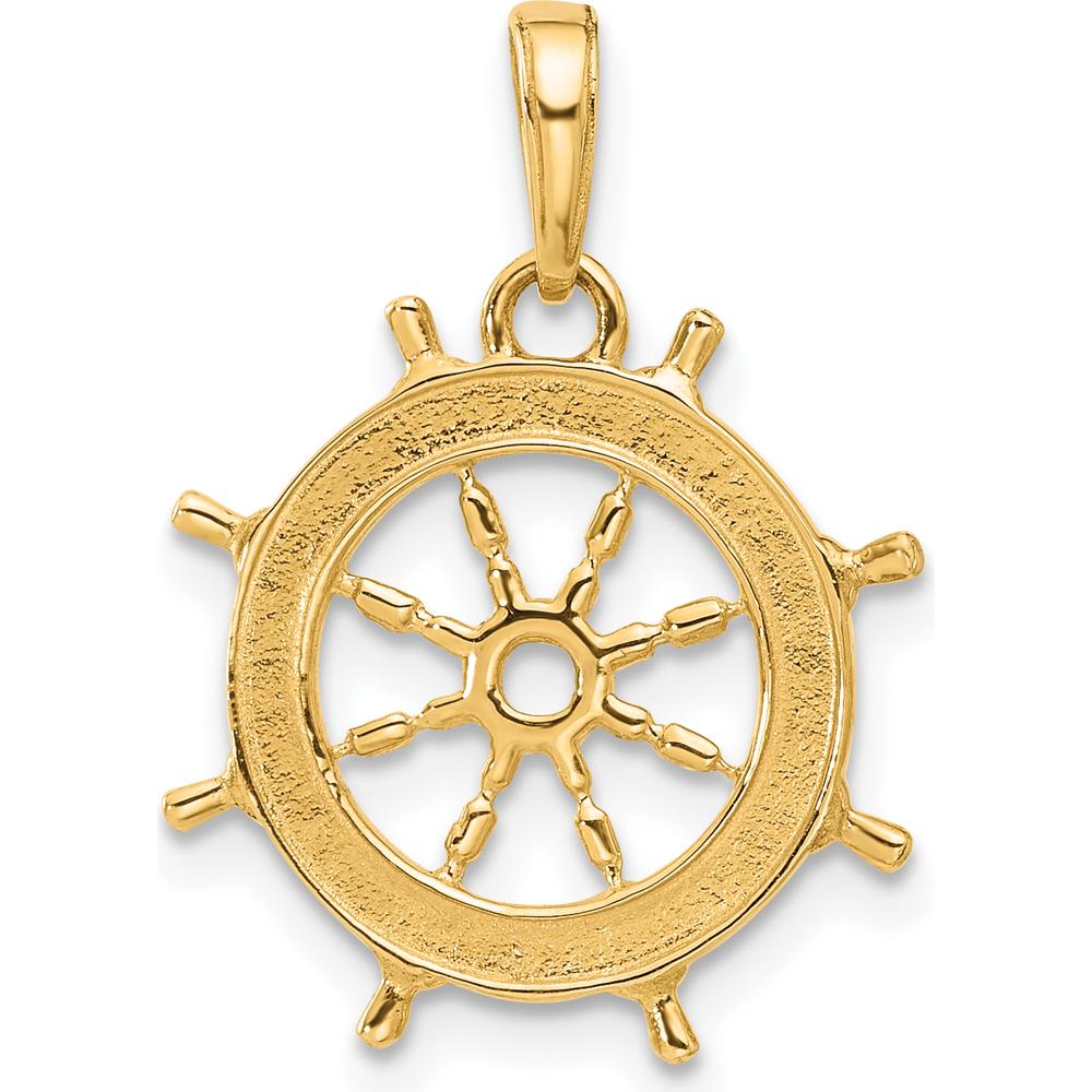 14K Yellow Gold Diamond-cut Ship's Wheel Pendant with Rhodium Accents by Oro Pregiato