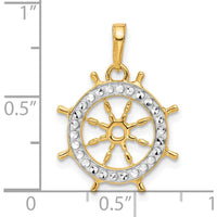 14K Yellow Gold Diamond-cut Ship's Wheel Pendant with Rhodium Accents by Oro Pregiato