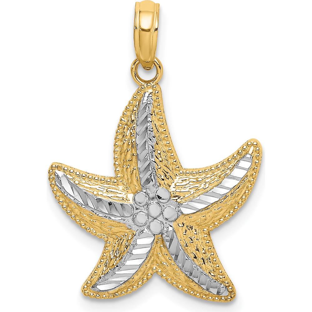 14K Yellow Gold Diamond-Cut Starfish Charm Pendant with White Rhodium Accents by Oro Pregiato