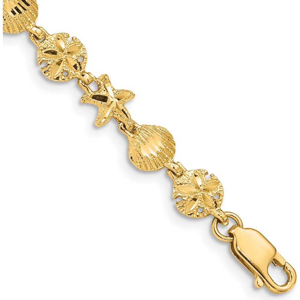 14K Yellow Gold Diamond-Cut Starfish, Sand Dollar, and Shell Motif 7-Inch Bracelet by Oro Pregiato