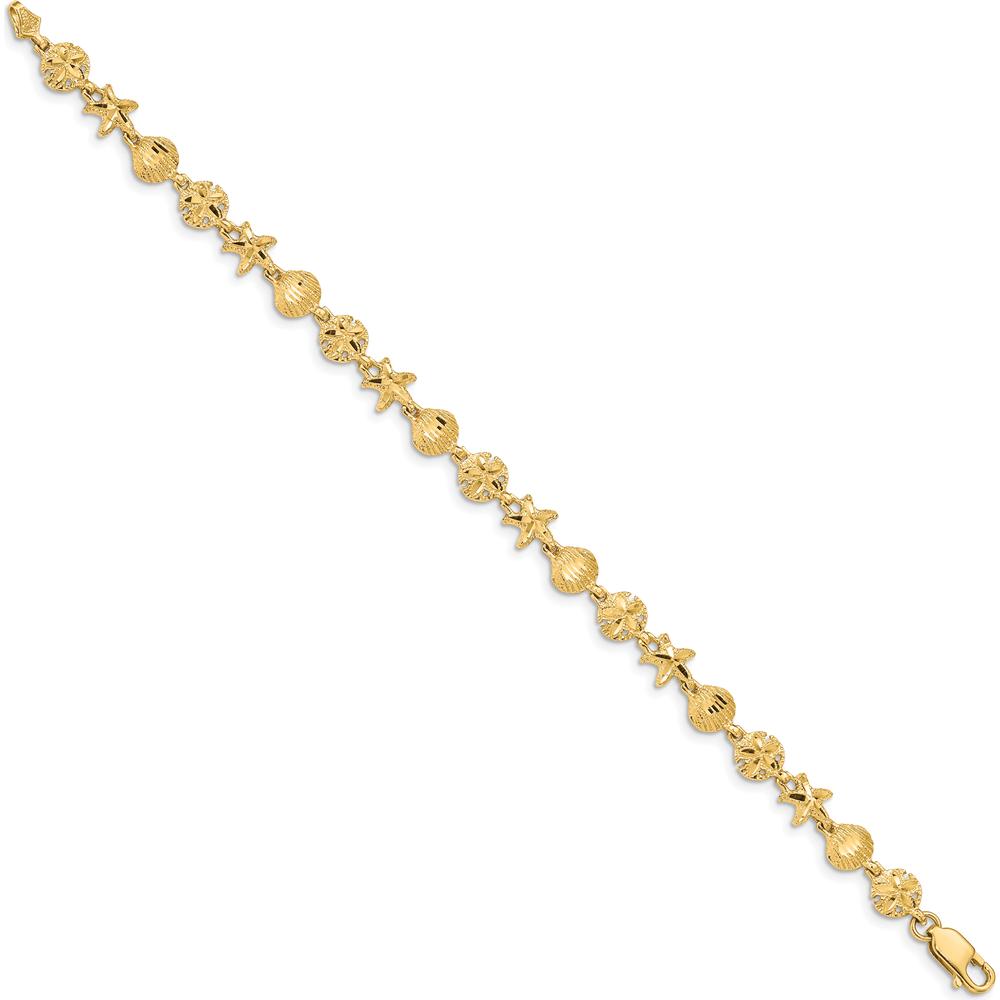14K Yellow Gold Diamond-Cut Starfish, Sand Dollar, and Shell Motif 7-Inch Bracelet by Oro Pregiato