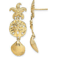 14K Yellow Gold Diamond-Cut Starfish, Shell, and Sand Dollar Dangle Earrings - 35.2mm Length by 0
