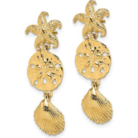 14K Yellow Gold Diamond-Cut Starfish, Shell, and Sand Dollar Dangle Earrings - 35.2mm Length by 0