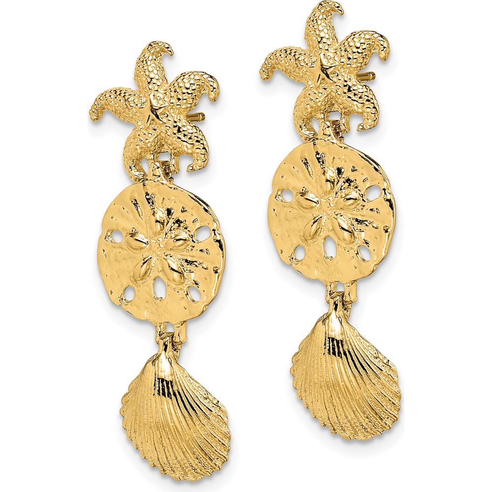 14K Yellow Gold Diamond-Cut Starfish, Shell, and Sand Dollar Dangle Earrings - 35.2mm Length by 0