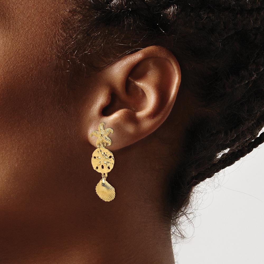 14K Yellow Gold Diamond-Cut Starfish, Shell, and Sand Dollar Dangle Earrings - 35.2mm Length by 0