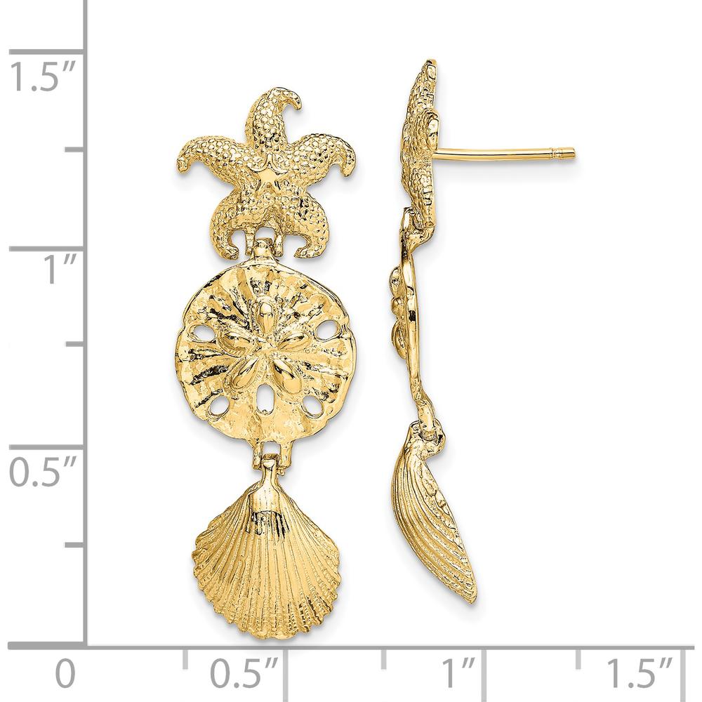 14K Yellow Gold Diamond-Cut Starfish, Shell, and Sand Dollar Dangle Earrings - 35.2mm Length by 0