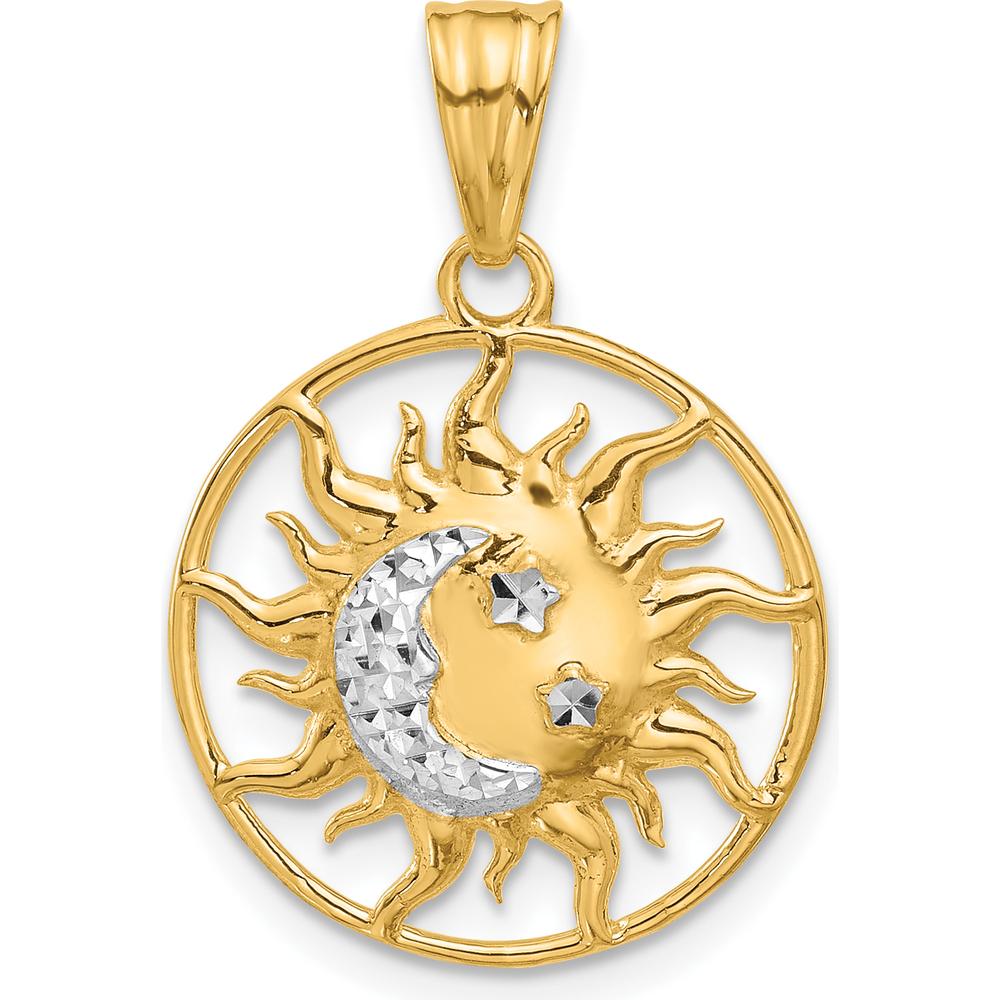 14K Yellow Gold Diamond-Cut Sun Moon Stars Pendant with Rhodium Accents - Celestial Charm by Oro Pregiato