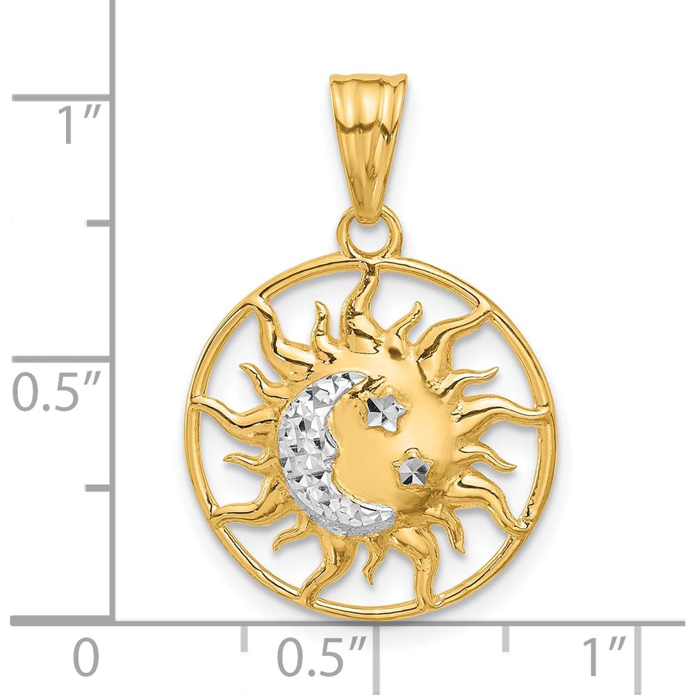 14K Yellow Gold Diamond-Cut Sun Moon Stars Pendant with Rhodium Accents - Celestial Charm by Oro Pregiato