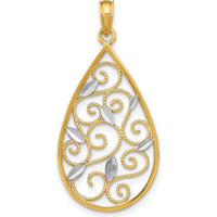 14K Yellow Gold Diamond-Cut Teardrop Filigree Charm with Rhodium Accents by Oro Pregiato