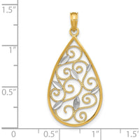 14K Yellow Gold Diamond-Cut Teardrop Filigree Charm with Rhodium Accents by Oro Pregiato